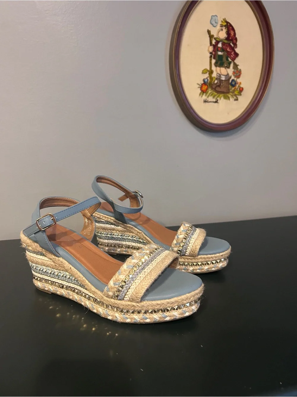 Patrizia by Spring Step Embellished Espadrille Wedge Sandal Blue Cream Size 41